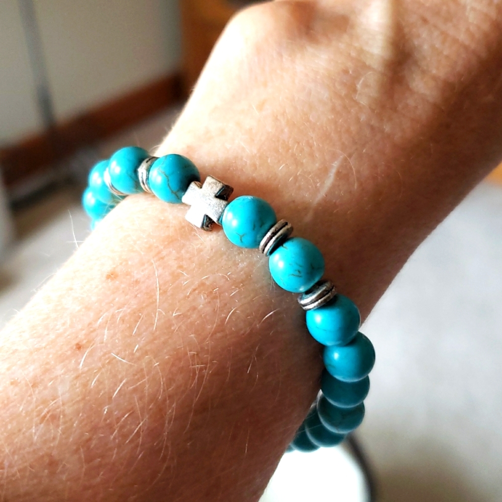 Natural Stone Beaded Bracelet Cross Charm Accent Bead
